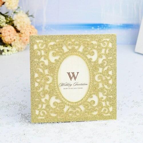 100pcs Glitter Gold Silver Laser Cut Wedding Invitations Card Square lace Elegant Greeting Card Customize Wedding Party Supplies
