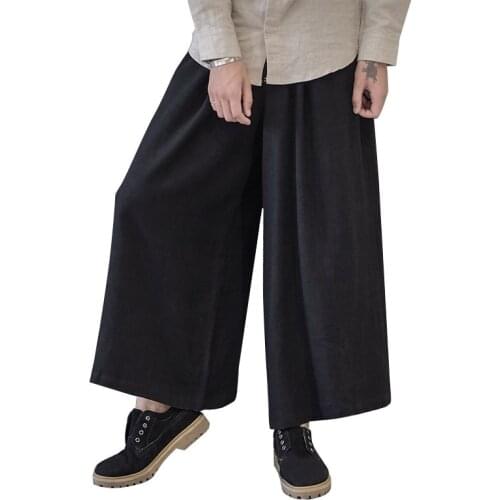 Men Wide Leg Trousers Linen Male Fashion Casual Harem Pant Japan Style Comfortable Skirt Pant