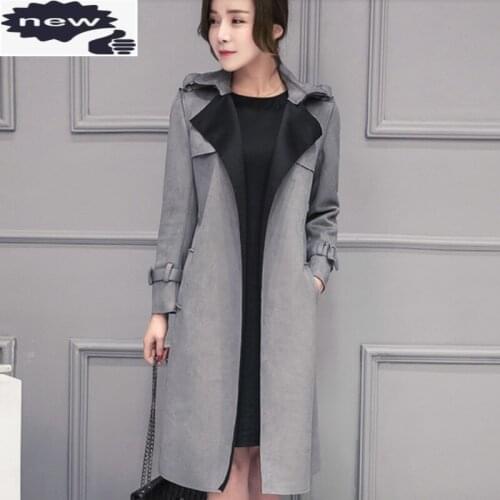 European New Fashion Long Faux Leather womens Jacket Suede Vogue Belted Chaquetas Mujer Gray Chic Casual Party Costume For Woman