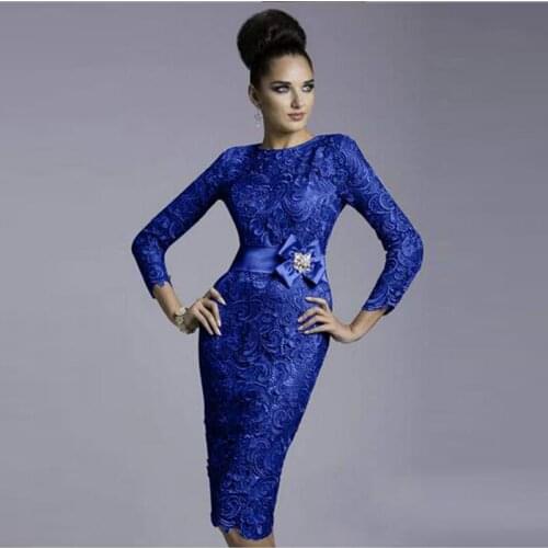 Wholesale Royal Blue Sheath Lace Long Sleeve Mother of the Bride Dresses Jewel Neck Wedding Guest Gowns 2020 Latest