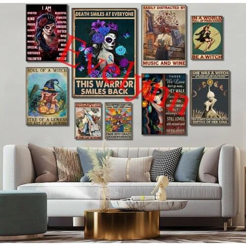 Sugar Skull Girl Halloween Poster Hippie Girl Poster Book And Black Cat Nurse Music And Wine Home Decor Canvas Wall Art Prints