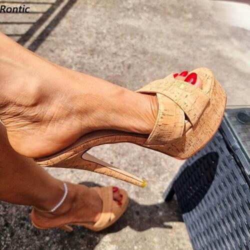 Rontic Handmade Women Platform Mules Sandals Slippers Cork Pattern Sexy Stiletto Heel Open Toe Gorgeous Beach Shoes US Size 5-20