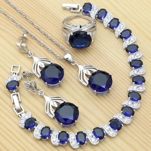 Sapphire 925 Sterling Silver Jewelry Set Bridal Earrings Pendant Necklace Bracelet Ring Wedding Accessories