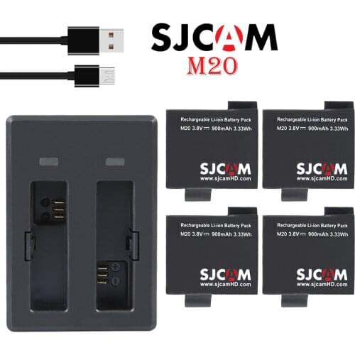SJCAM M20 Battery Dual USB Charger + 4x Batteries for sjcam M20 4K Wifi Action Video Cameras Accessories