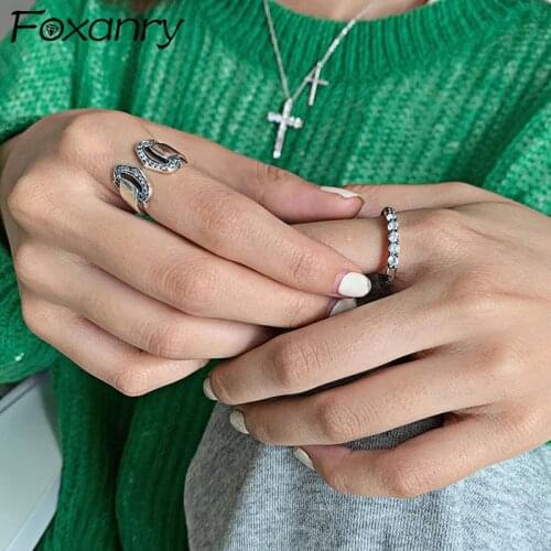 Foxanry 925 Sterling Silver Sparkling Zircon Rings INS Fashion Simple Geometric Vintage Punk Party Jewelry Gifts for Women