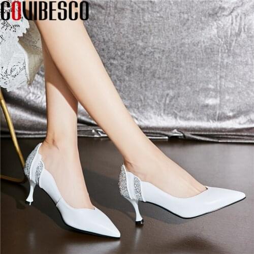 COVIBESCO Fashion Mature Elegant Women Pumps Spring Summer Office Lady Party Genuine Leather High Heels Blingbling Shoes Woman