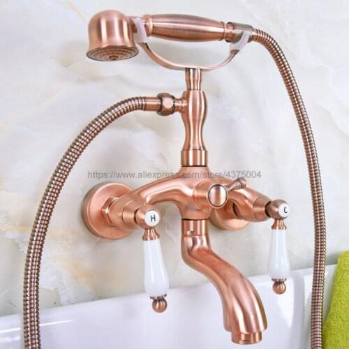 Bathroom Antique Red Copper Clawfoot Bathtub Faucet Deck Mounted Double Handle Tub Faucet With Handheld Showers Nna310