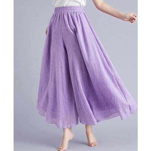100% Soft Linen Summer Long Skirts Shorts Elastic High Waist Pleated Solid Color Skirt Women Shorts Harajuku Big Swing Art Linen