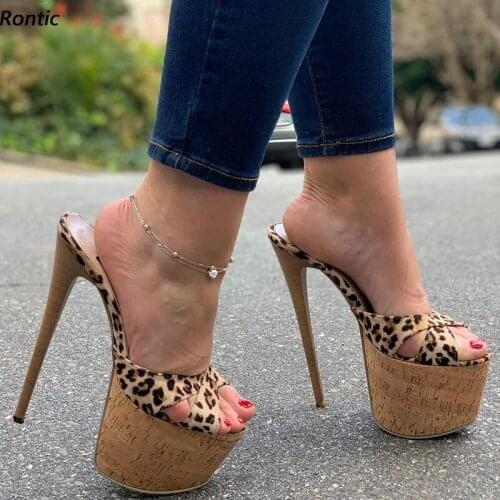 Rontic New Women Platform Mules Sandals Cork Pattern Sexy Stiletto Heels Open Toe Pretty Leopard Party Shoes Size 34 45 47 52