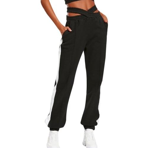 Women Casual Contrast Color Double-Waisted Casual Pants Jogging Pants Crisscross Elastic Waist Striped Printed Loose Sweatpants