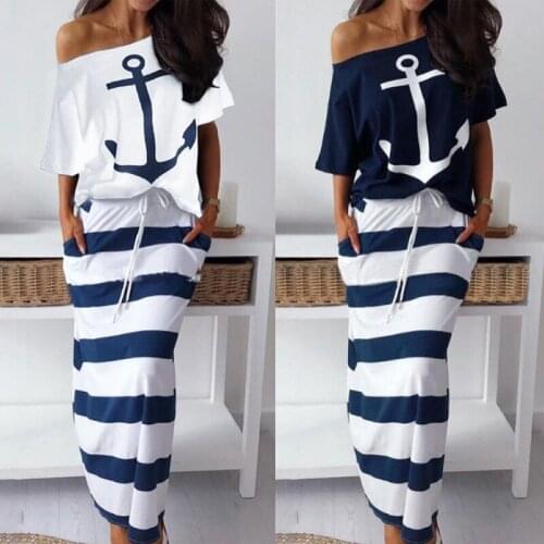 Off Shoulder Top Women T-shirt Striped Maxi Dress Set Summer Slash Neck Two Pieces Sets Female Casual Ladies Long Dress Sets