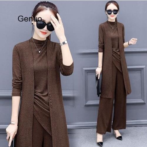 Knitted 3 Piece Set Women Plus Size Tracksuit Long Cardigan And Vest Tops And Wide Leg Pants Suit Womens Sets 2020 New Fashion