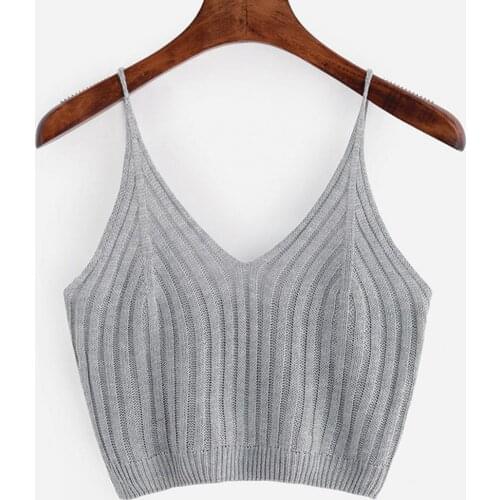 2021 Ladies Summer Trendy Sling Knitted Solid Sleeveless V-neck Ribbed Female Basic Top Vest Streetwear Tops Women 2021