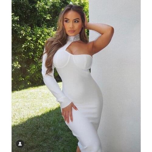 Summer New White Bandage Dress Sexy Long Sleeves Midi Woman Bodycon Bandage Dress Vintage Vestios Bandagem Elegant Celebrity