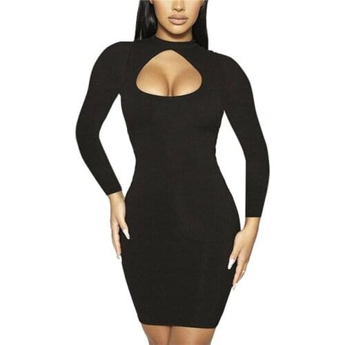 Women Sexy Close-fitting Hollow Out Dress, Solid Color Long Sleeve Round Collar Dresses, Black/Orange/Green/White, S/ M/ L/XL