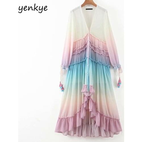 Multicolor Gradient Print Long Maxi Dress Women V Neck Long Sleeve Ruffle Holiday Boho Beach Dress A-line Chiffon Summer Dress
