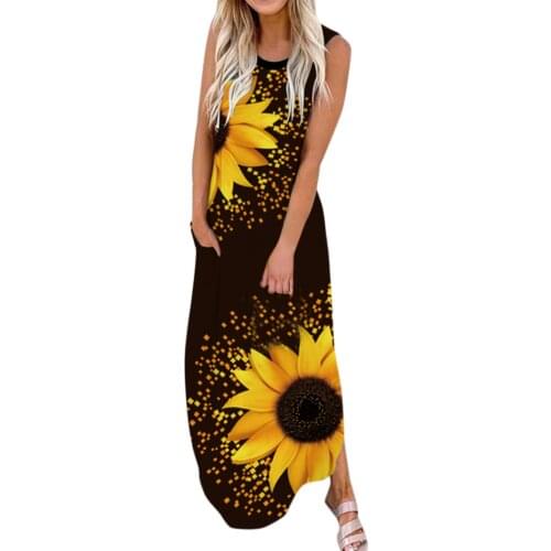 Floral Print Vintage Dress Women Summer Sleeveless Pocket Casual Beach Long Maxi Loose Dresses 2021 Sunflower Robe Femme