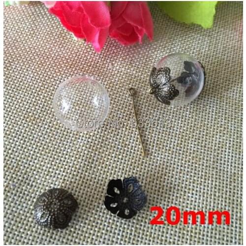 300sets/lot 16mm Round Glass Bubble Vial&Flower ball cap & Eye pin findings DIY Glass Bottle Pendant, glass globes with two hole