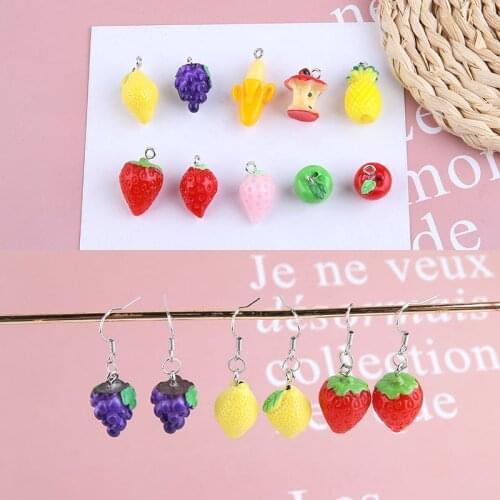 New 50pcs/lot color print fruit style apple strawberry lemon shape restion beads charms diy jewelry garment/earring accessory