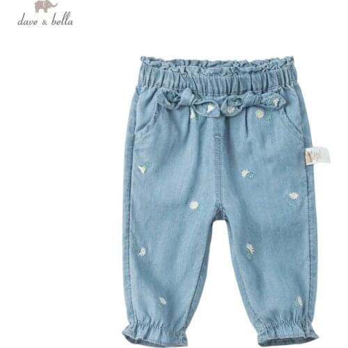DBJ17139 dave bella spring baby girls fashion bow embroidery pants children full length kids pants infant toddler trousers