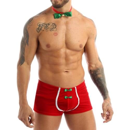 Men Gay Sexy Underwear Panties Velvet Christmas Santa Lingerie Set Cosplay Costume Front Bulge Pouch Boxer Shorts with Bowtie