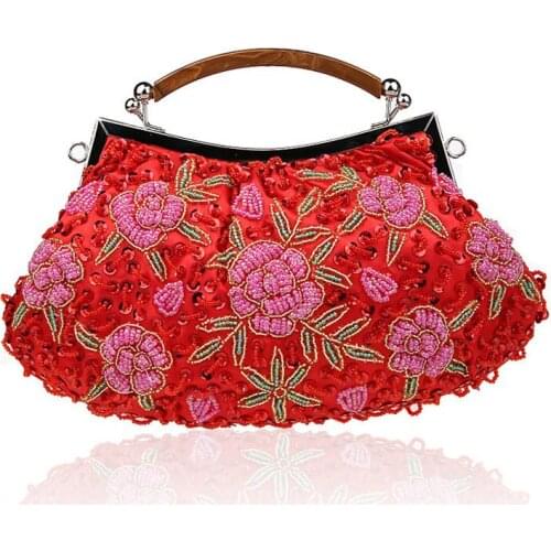 Red Chinese Womens Beaded Sequined Banquet Handbag Clutch Party Bridal Evening Bag Purse MakeupBag Free Shipping 0003-E