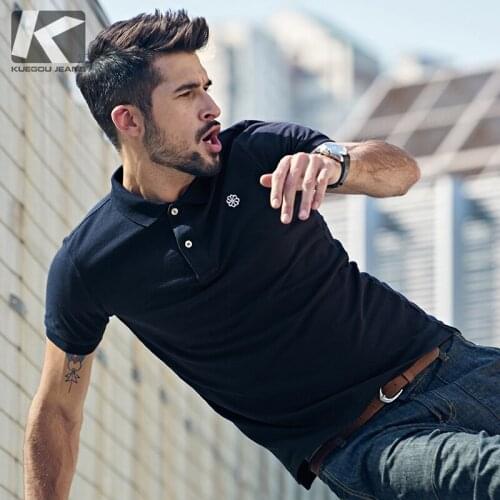 KUEGOU 2020 Summer Cotton Embroidery Black Polo Shirt Men Fashion Short Sleeve Slim Fit Poloshirt Male Plus Size Clothing 2527