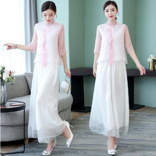 Summer Two pieces suit of new summer Han tang suit improved girls cheongsam vintage ethnic casual daily chiffon wide leg pants