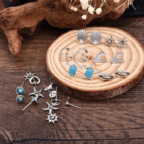 8 Pairs Vintage Earring Set Beach Jewelry Women Hip Hop Stud Earring Fashion Gift for Shell Base Goth Earrings Sea Turtle