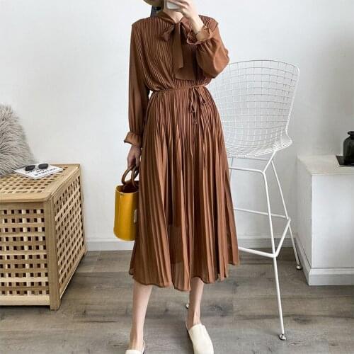 2020 New Spring Lace-Up Sleeve Chiffon Pleated Elegant Women Casual Long Dress Vestidos