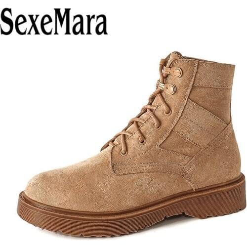 New Fashion European Style Women Brown Ankle Boots Flats Round Toe Lace Up Martin Boots Female Black Winter Shoes Big Size 34-43