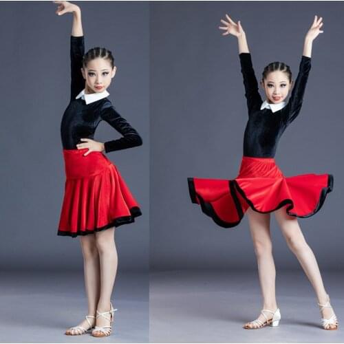 2020 Autumn New Children Latin Dance Dress Girls Professional Competition Performance Costumes Long Sleeve Top Skirts Set 2 Pcs