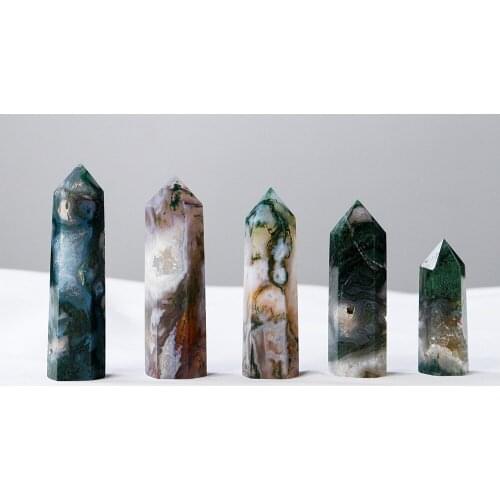 Natural Crystal Moss Agate Crystal Point with Hole Stone Reiki 4-7cm Hexagonal Healing Green Water Plant Agate Column Ornaments
