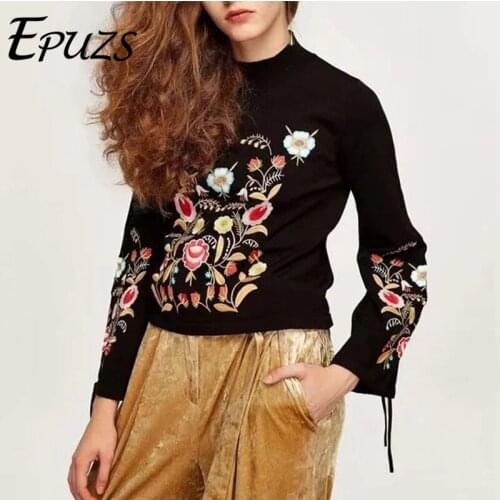 Vintage O-Neck Black Puff Sleeve Knitted Sweater 2020 Women Elegant Embroidexy Drawstring Pullover Sweater Lady Casual Chic Top