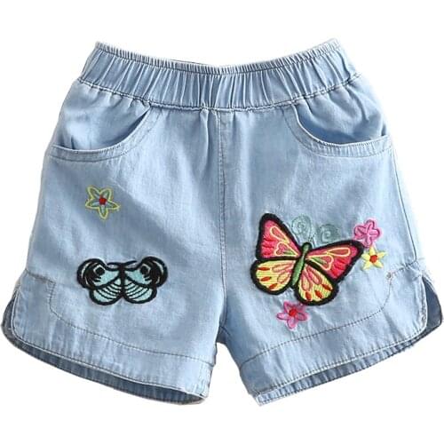 Vintage Butterfly/rainbow/strawberry Embroidery Girls Shorts Summer Toddler Girls Casual Denim Short Pants for Toddler Jeans