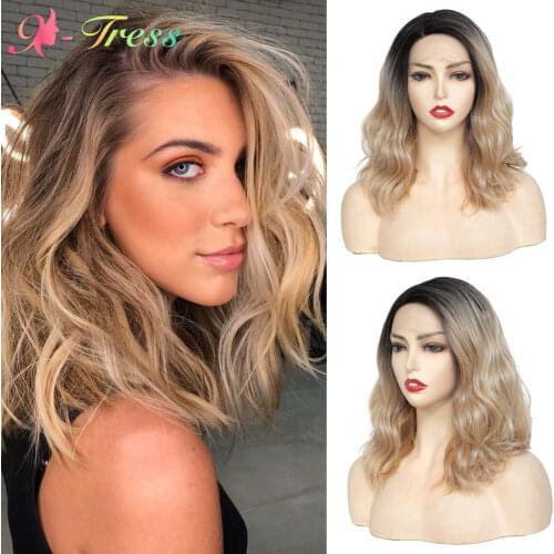 Synthetic Lace Front Wig Ombre Brown Blonde Short Bob Wigs for Black Women X-TRESS 12 Inches Natural Wavy Side Part Lace Wig