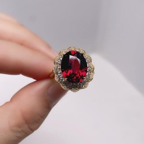 Xinyipeng real natural garnet ring 925 sterling silver yellow gold plated fine wedding jewelry for women