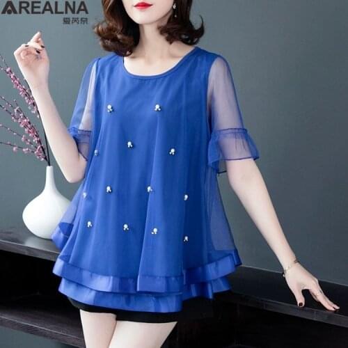 Blusas mujer de moda 2021 summer Beaded Mesh Patchwork lace Chiffon blouses femme plus size black blue short sleeve shirts 5XL