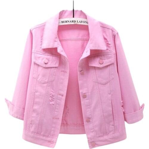 2021 Short Denim Jacket Women Spring 3/4 Sleeve Single-Breasted Thin Hole Vintage Pink Jeans coat Female Loose Clothes Tide G801