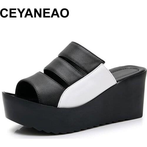 CEYANEAO 2020 New Summer Genuine Leather Platform Wedge Sandals Women Fashion High Heels Female Summer Shoes Size 34-41