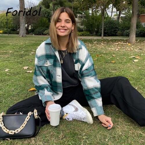 Foridol Plaid Trench Coat Women Autumn Winter Pockets Casual Vintage Coat Jacket Green Checked Thick Coat Casual Tops 2021