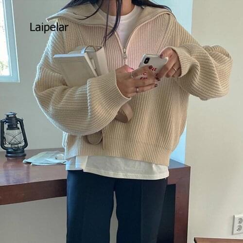 Korean Half Zipper Sweater Long Sleeve Causal Solid Pull Femme 2021 Autumn Winter Knitted Pullover Top