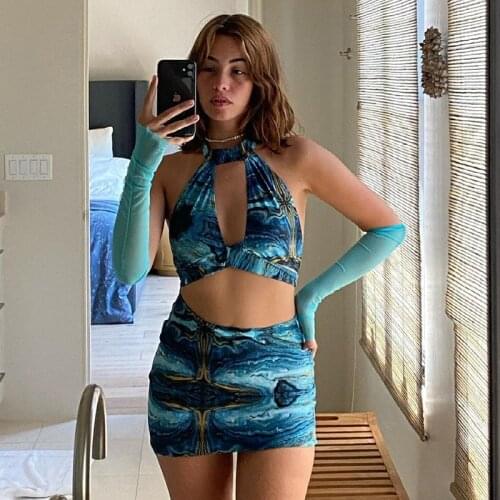 Tossy V-neck Tie-Dye Cut Out Backless Mini Dress Sexy Slim Women Halter Dress Mesh Sleeve Y2K Streetwear E-girl Aesthetics