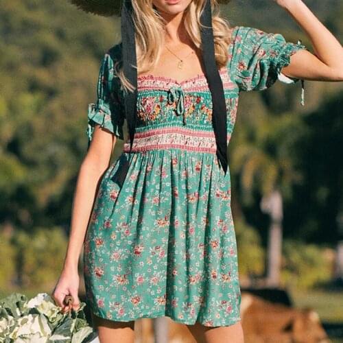 Women mini bohomien beach dress 2021 Short sleeve boho happie vestidos Elastic waist printed short dress