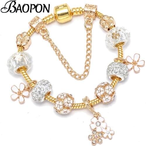 BAOPON Gold Color Enamel Daisy Pendant Charm Bracelets For Women With Snake Chain Beads Bracelets Bangles Lover Jewelry Gift