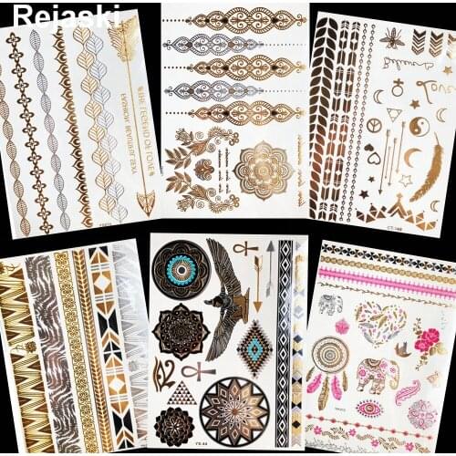 Gold Metallic Indian Chains Henna Flower Temporary Tattoo Angel Eagle Women Arm Flash Tattoo Stickers Girl Wrist Fake Tatoo Hand