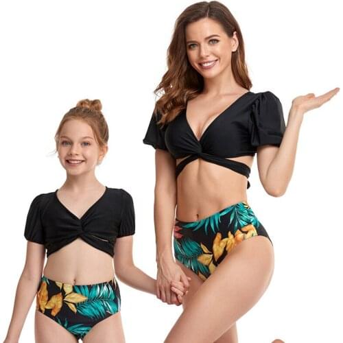 2021 New Swimsuit Parent-Child Swimsuit Puffy Sleeve Bikini Black Leopard Print Bikini ChildrenS Swimswear SW508