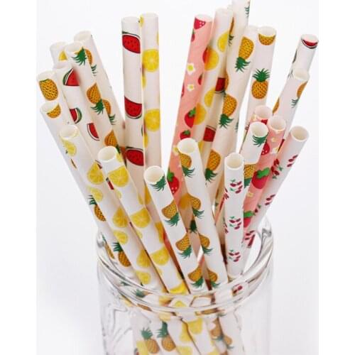 25pcs Summer Party Disposable Straws Strawberry Watermelon Lemon Paper Drinking Straws Jungle Hawaii Party Paper Straw