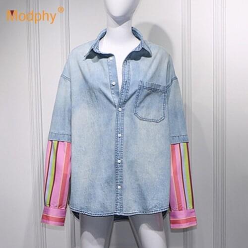 Denim Top Blouses Long Sleeve Contrasting Color Loose Men and Women Casual Shirt Female Streetwear 2020 Fashion New Clothing