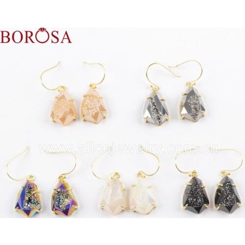BOROSA 3Pairs Titanium Agates Druzy Teardrop Faceted Gold plated Dangle Earrings Rainbow Drusy Earrings Wholesale ZG0356